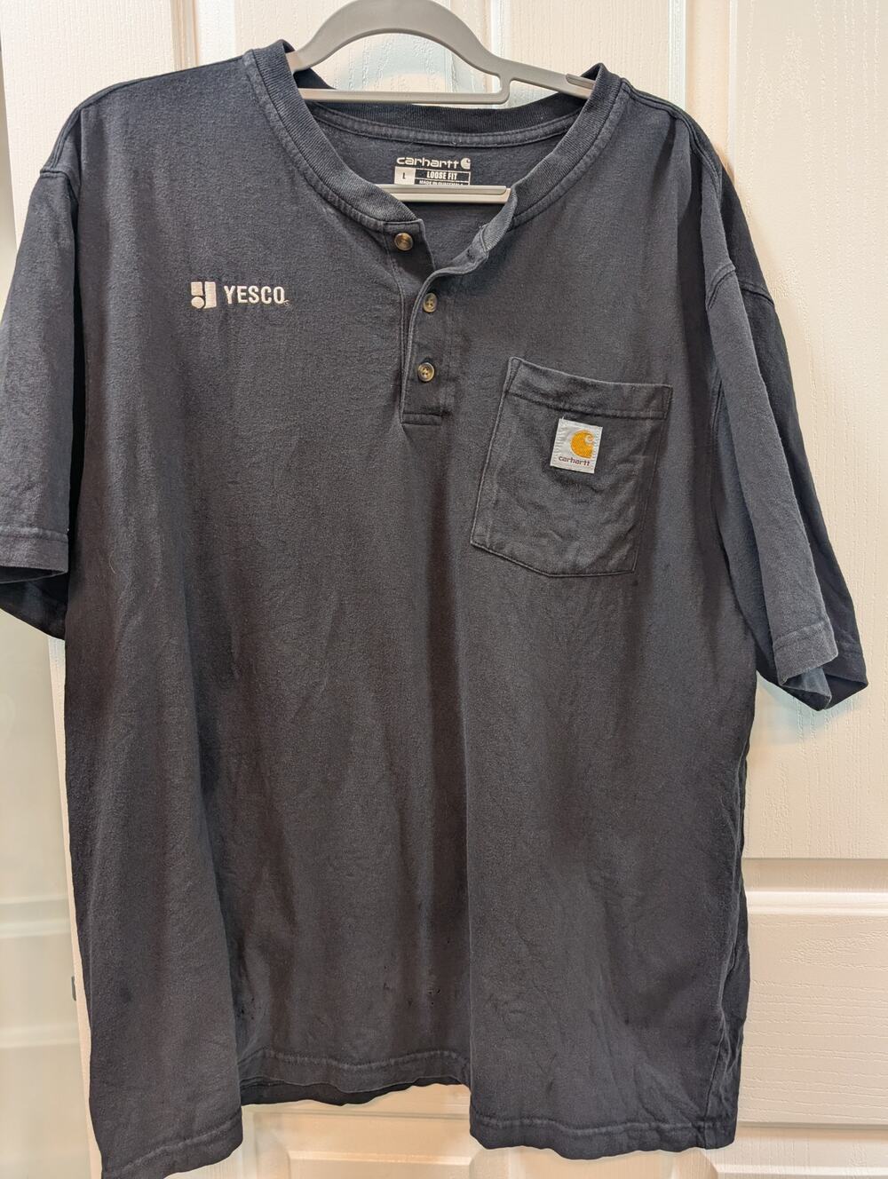 Carhartt Men's Large Loose Fit Henley T-Shirt Charcoal Gray YESCO Logo Pocket